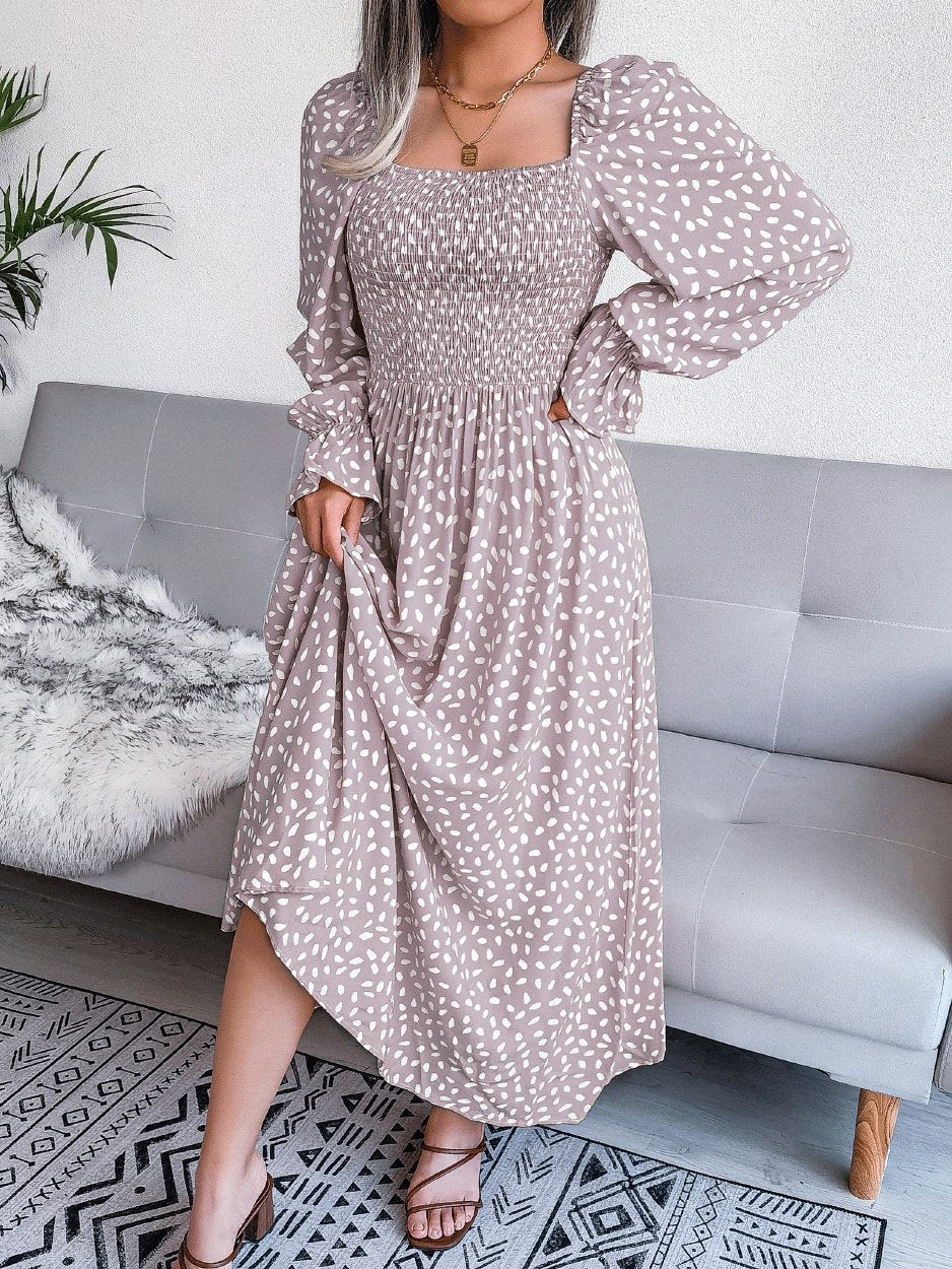 Women's Dresses Square Neck Printed Long Sleeve Dress - Maxi Dresses - INS | Online Fashion Free Shipping Clothing, Dresses, Tops, Shoes - 09/10/2021 - Color_Red - Color_Yellow