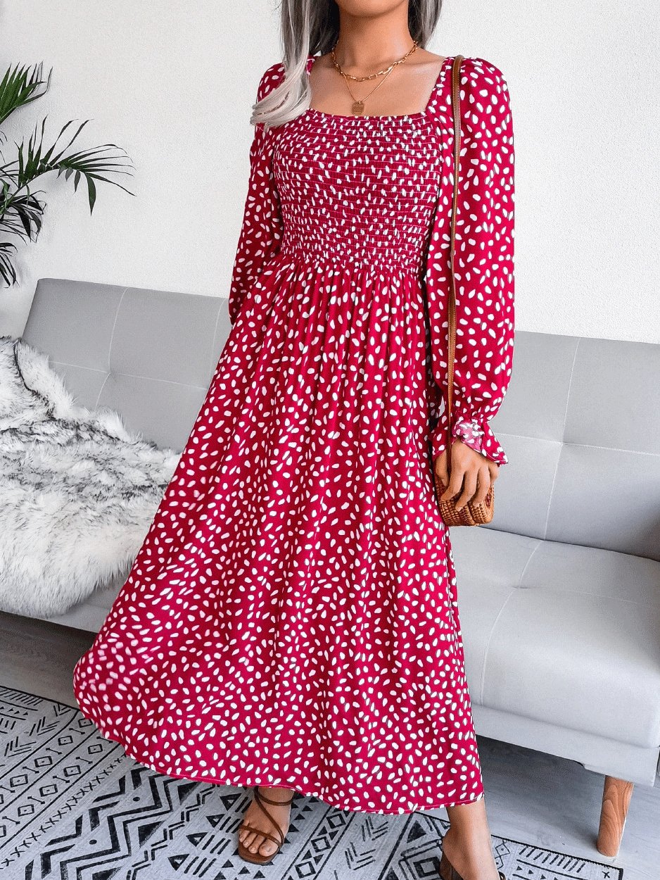 Women's Dresses Square Neck Printed Long Sleeve Dress - Maxi Dresses - INS | Online Fashion Free Shipping Clothing, Dresses, Tops, Shoes - 09/10/2021 - Color_Red - Color_Yellow