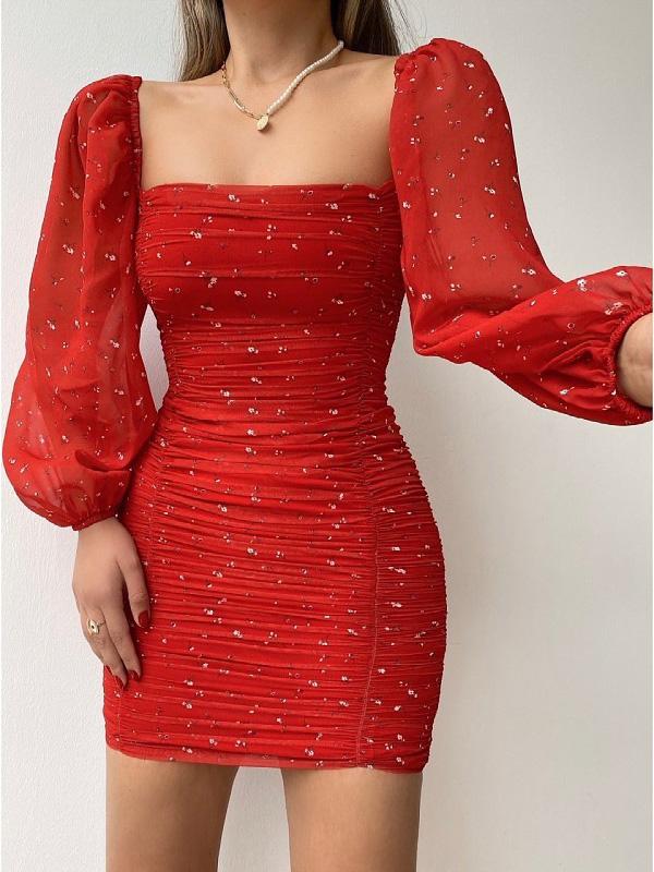 Women's Dresses Square Neck Puff Sleeve Pleated Skinny Chiffon Print Dress - Mini Dresses - INS | Online Fashion Free Shipping Clothing, Dresses, Tops, Shoes - 18/08/2021 - 30-40 - Category_Mini Dresses