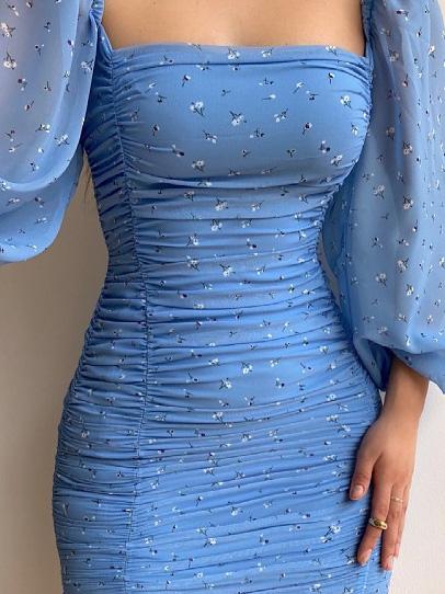 Women's Dresses Square Neck Puff Sleeve Pleated Skinny Chiffon Print Dress - Mini Dresses - INS | Online Fashion Free Shipping Clothing, Dresses, Tops, Shoes - 18/08/2021 - 30-40 - Category_Mini Dresses