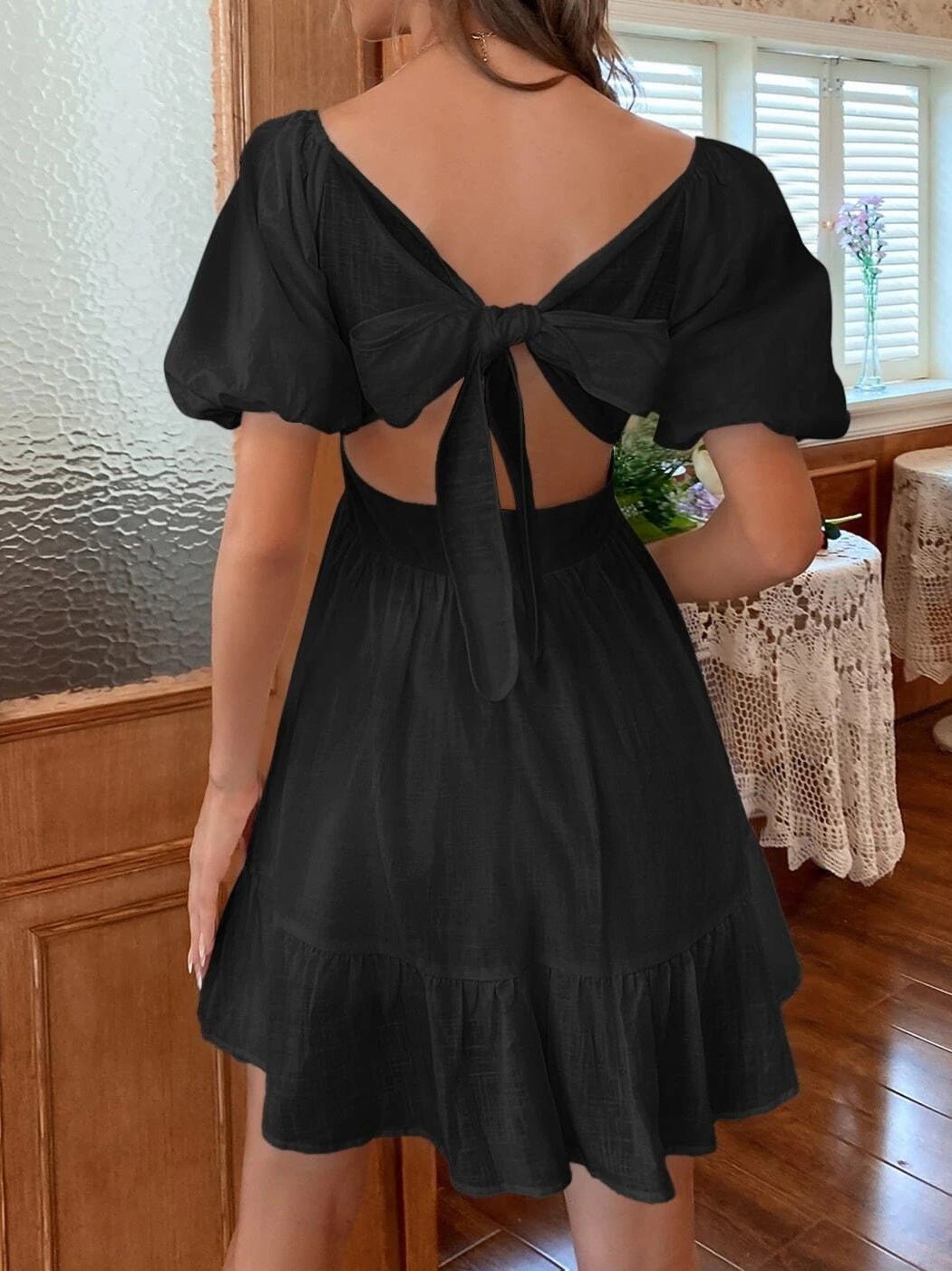 Women's Dresses Square Neck Short Sleeve Bow Bare Back Dress - Mini Dresses - Instastyled | Online Fashion Free Shipping Clothing, Dresses, Tops, Shoes - 17/02/2022 - color-black - color-white
