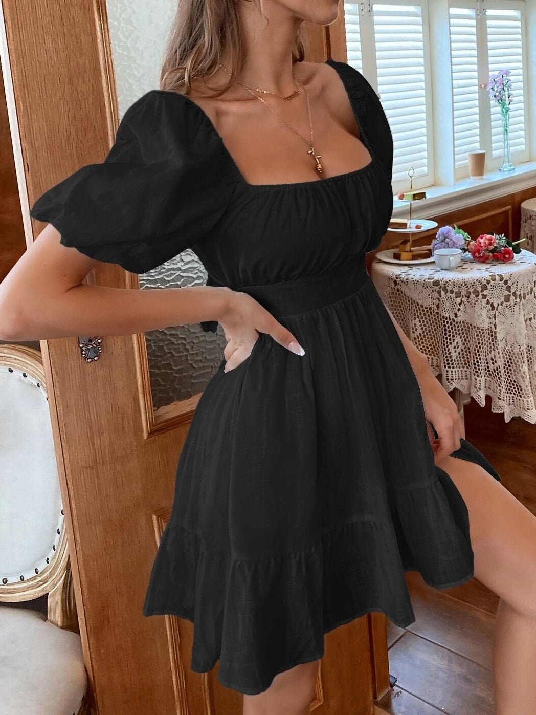 Women's Dresses Square Neck Short Sleeve Bow Bare Back Dress - Mini Dresses - Instastyled | Online Fashion Free Shipping Clothing, Dresses, Tops, Shoes - 17/02/2022 - color-black - color-white