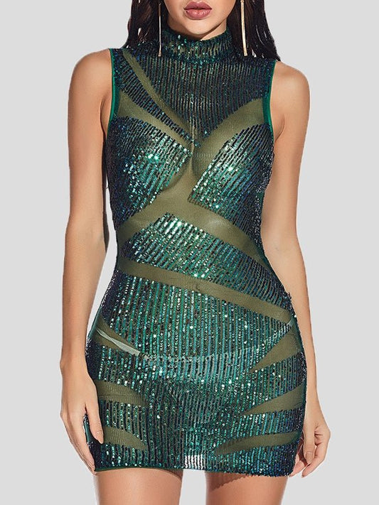 Women's Dresses Stand-Up Collar Sleeveless Sequined Skinny Dress - Mini Dresses - Instastyled | Online Fashion Free Shipping Clothing, Dresses, Tops, Shoes - 28/12/2021 - Bodycon Dresses - color-apricot