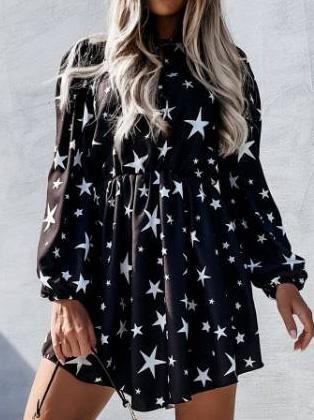 Women's Dresses Star Print Long Sleeve Mini Dress - Mini Dresses - INS | Online Fashion Free Shipping Clothing, Dresses, Tops, Shoes - 22/09/2021 - 30-40 - color-black