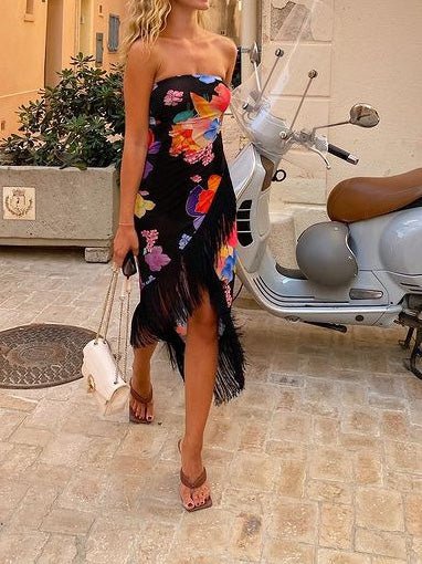 Women's Dresses Strapless Print Fringed Slit Dress - Maxi Dresses - Instastyled | Online Fashion Free Shipping Clothing, Dresses, Tops, Shoes - 24/02/2022 - 40-50 - color-black