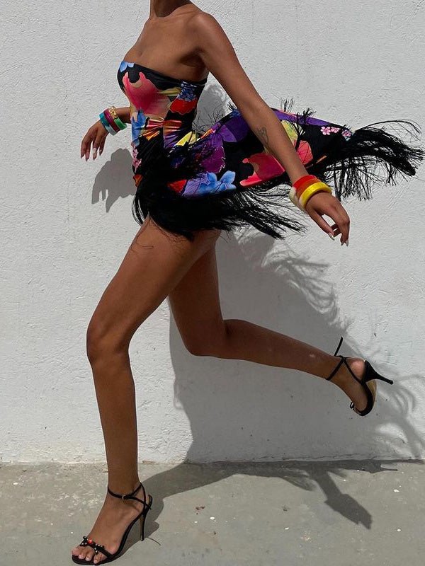 Women's Dresses Strapless Print Fringed Slit Dress - Maxi Dresses - Instastyled | Online Fashion Free Shipping Clothing, Dresses, Tops, Shoes - 24/02/2022 - 40-50 - color-black