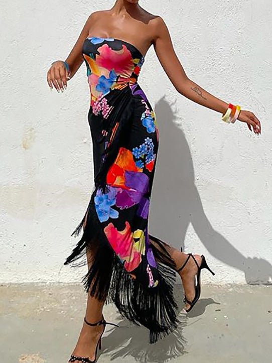 Women's Dresses Strapless Print Fringed Slit Dress - Maxi Dresses - Instastyled | Online Fashion Free Shipping Clothing, Dresses, Tops, Shoes - 24/02/2022 - 40-50 - color-black