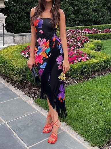 Women's Dresses Strapless Print Fringed Slit Dress - Maxi Dresses - Instastyled | Online Fashion Free Shipping Clothing, Dresses, Tops, Shoes - 24/02/2022 - 40-50 - color-black
