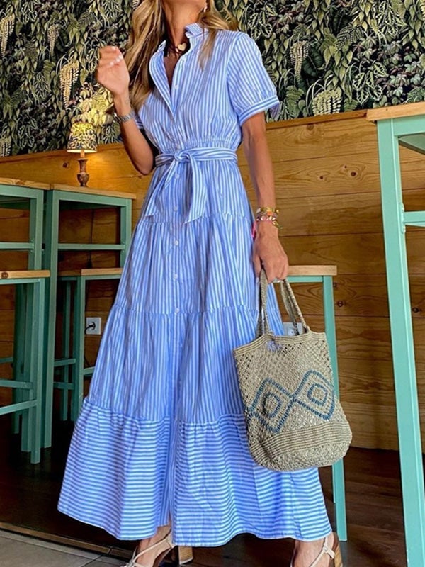 Women's Dresses Striped Belted Short Sleeve Shirt Dress - Maxi Dresses - Instastyled | Online Fashion Free Shipping Clothing, Dresses, Tops, Shoes - 19/01/2022 - 40-50 - color-blue