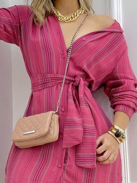 Women's Dresses Striped Long Sleeve Belted Shirt Dress - Mini Dresses - Instastyled | Online Fashion Free Shipping Clothing, Dresses, Tops, Shoes - 15/12/2021 - 20-30 - color-red