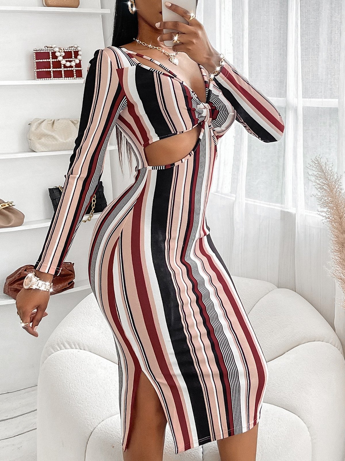 Women's Dresses Striped V-Neck Hollow Long Sleeve Dress - Midi Dresses - Instastyled | Online Fashion Free Shipping Clothing, Dresses, Tops, Shoes - 09/12/2021 - 20-30 - Bodycon Dresses