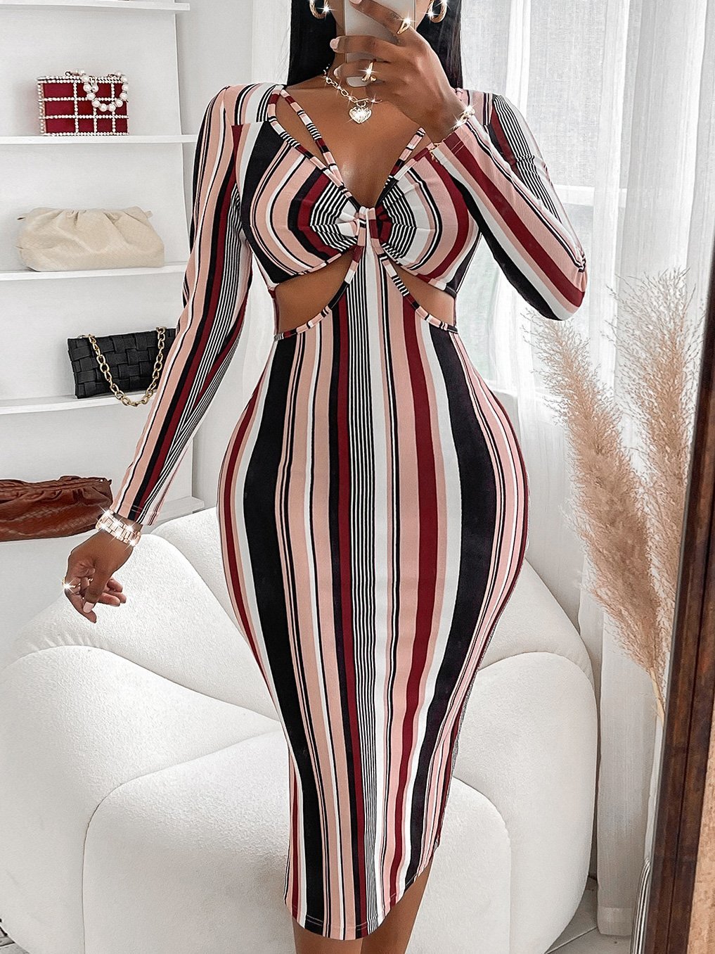 Women's Dresses Striped V-Neck Hollow Long Sleeve Dress - Midi Dresses - Instastyled | Online Fashion Free Shipping Clothing, Dresses, Tops, Shoes - 09/12/2021 - 20-30 - Bodycon Dresses