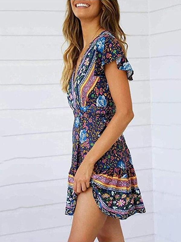 Women's Dresses Summer Wrap Bohemian Mini Dress - Midi Dresses - INS | Online Fashion Free Shipping Clothing, Dresses, Tops, Shoes - 01/02/2021 - Blue - Color_Blue