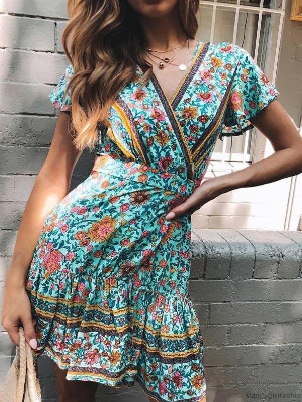 Women's Dresses Summer Wrap Bohemian Mini Dress - Midi Dresses - INS | Online Fashion Free Shipping Clothing, Dresses, Tops, Shoes - 01/02/2021 - Blue - Color_Blue