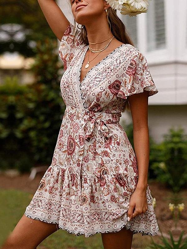 Women's Dresses Summer Wrap Bohemian Mini Dress - Midi Dresses - INS | Online Fashion Free Shipping Clothing, Dresses, Tops, Shoes - 01/02/2021 - Blue - Color_Blue
