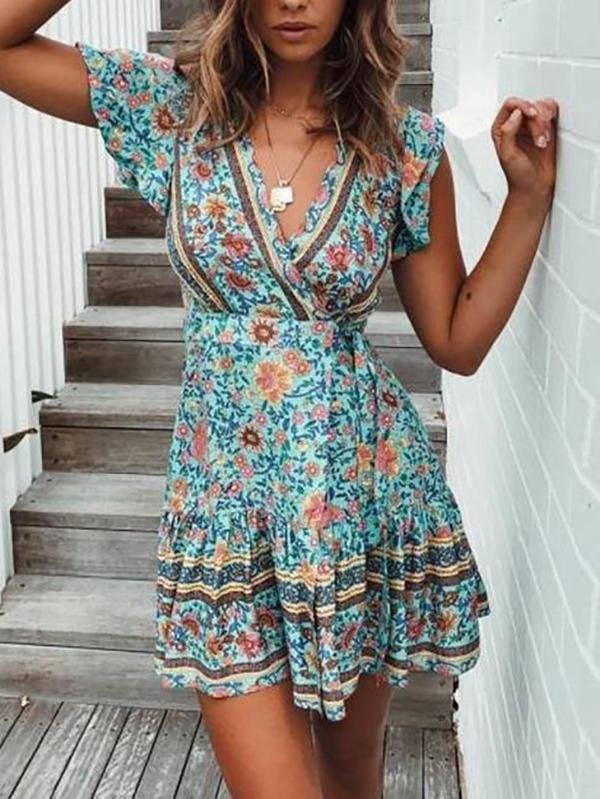 Women's Dresses Summer Wrap Bohemian Mini Dress - Midi Dresses - INS | Online Fashion Free Shipping Clothing, Dresses, Tops, Shoes - 01/02/2021 - Blue - Color_Blue