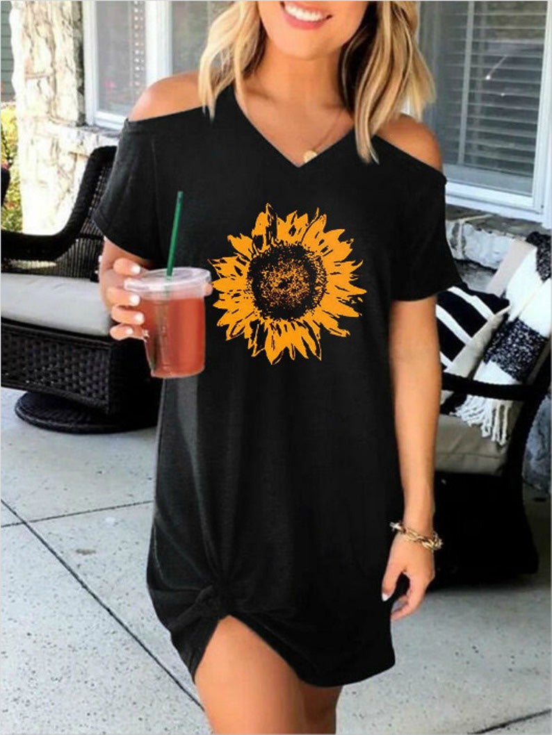 Women's Dresses Sunflower Print V-Neck Short Sleeve Dress - Mini Dresses - Instastyled | Online Fashion Free Shipping Clothing, Dresses, Tops, Shoes - 13/01/2022 - 20-30 - Casual Dresses