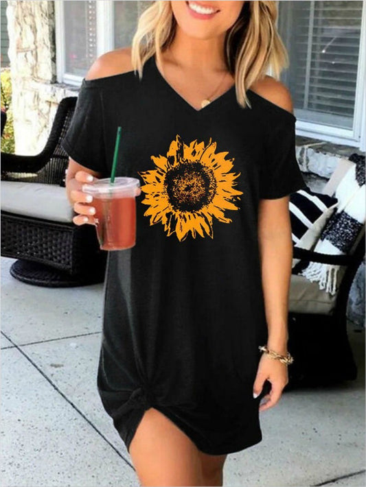 Women's Dresses Sunflower Print V-Neck Short Sleeve Dress - Mini Dresses - Instastyled | Online Fashion Free Shipping Clothing, Dresses, Tops, Shoes - 13/01/2022 - 20-30 - Casual Dresses