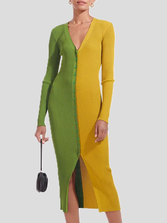 Women's Dresses Temperament Color Matching Button Long Sleeve Dress - Midi Dresses - INS | Online Fashion Free Shipping Clothing, Dresses, Tops, Shoes - 11/10/2021 - 20-30 - color-black