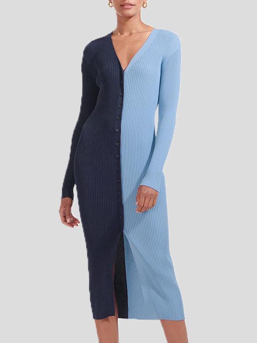 Women's Dresses Temperament Color Matching Button Long Sleeve Dress - Midi Dresses - INS | Online Fashion Free Shipping Clothing, Dresses, Tops, Shoes - 11/10/2021 - 20-30 - color-black