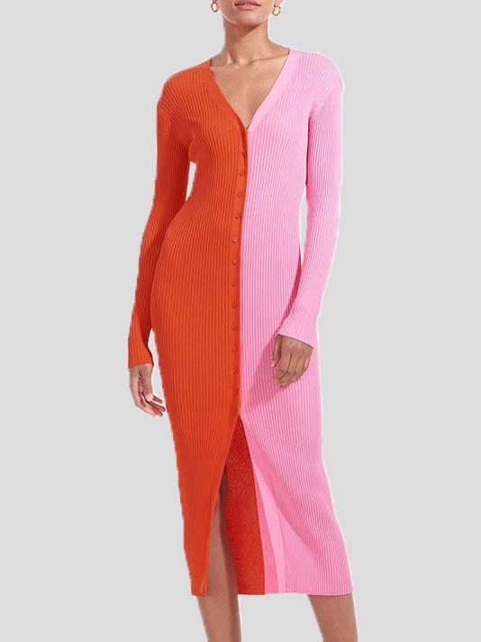 Women's Dresses Temperament Color Matching Button Long Sleeve Dress - Midi Dresses - INS | Online Fashion Free Shipping Clothing, Dresses, Tops, Shoes - 11/10/2021 - 20-30 - color-black