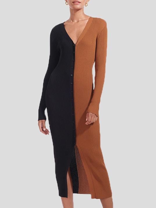 Women's Dresses Temperament Color Matching Button Long Sleeve Dress - Midi Dresses - INS | Online Fashion Free Shipping Clothing, Dresses, Tops, Shoes - 11/10/2021 - 20-30 - color-black