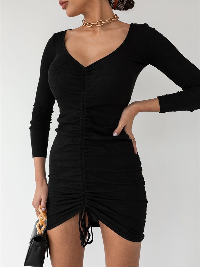 Women's Dresses Temperament Drawstring V-Neck Long Sleeve Dress - Mini Dresses - INS | Online Fashion Free Shipping Clothing, Dresses, Tops, Shoes - 18/09/2021 - 20-30 - Category_Mini Dresses
