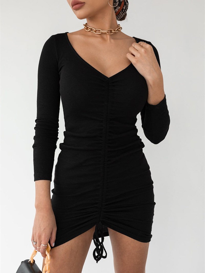 Women's Dresses Temperament Drawstring V-Neck Long Sleeve Dress - Mini Dresses - INS | Online Fashion Free Shipping Clothing, Dresses, Tops, Shoes - 18/09/2021 - 20-30 - Category_Mini Dresses