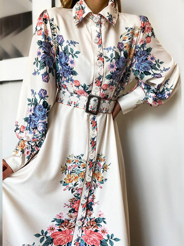 Women's Dresses Temperament Floral Print Long Sleeve Shirt Dress - Maxi Dresses - INS | Online Fashion Free Shipping Clothing, Dresses, Tops, Shoes - 22/09/2021 - 40-50 - color-white