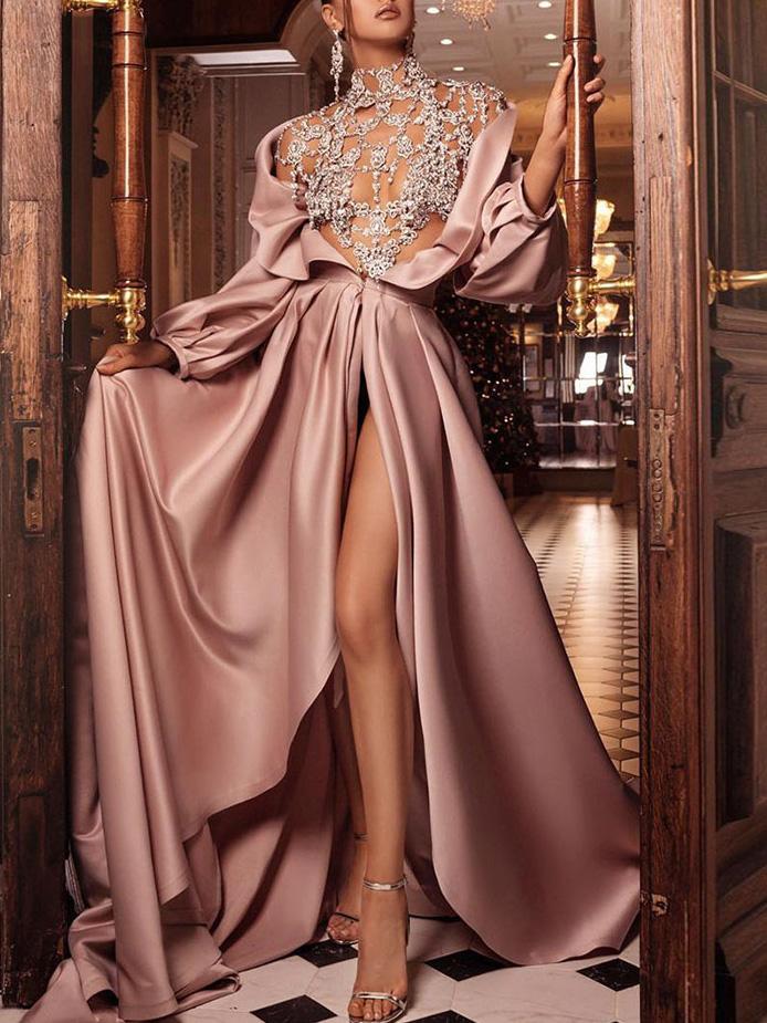 Women's Dresses Temperament Long Sleeve Slit Floral Dresses - Maxi Dresses - INS | Online Fashion Free Shipping Clothing, Dresses, Tops, Shoes - 29/11/2021 - color-pink - Color_Pink