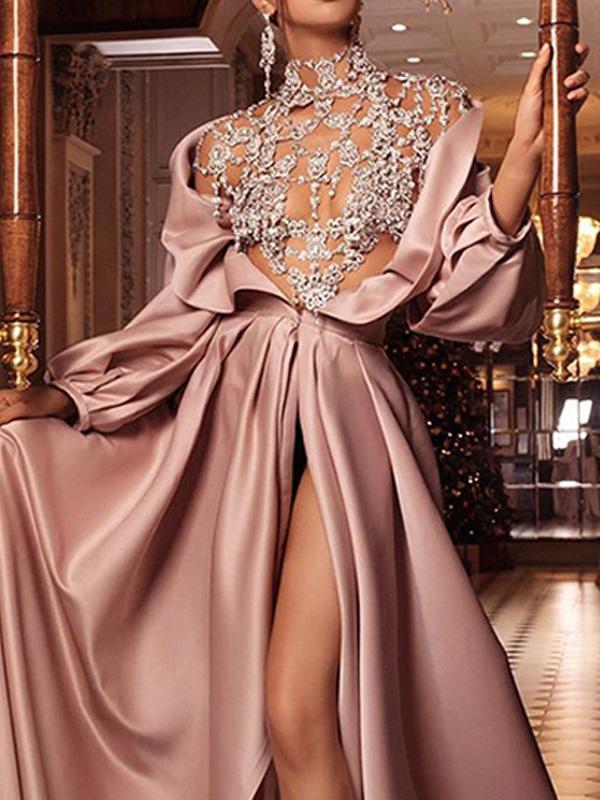 Women's Dresses Temperament Long Sleeve Slit Floral Dresses - Maxi Dresses - INS | Online Fashion Free Shipping Clothing, Dresses, Tops, Shoes - 29/11/2021 - color-pink - Color_Pink