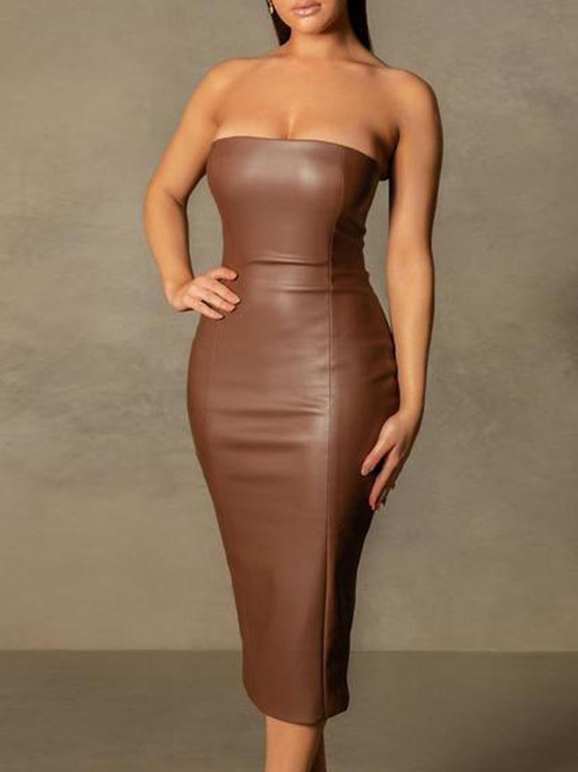 Women's Dresses Tube Top Slim Back Split PU Leather Dress - Midi Dresses - INS | Online Fashion Free Shipping Clothing, Dresses, Tops, Shoes - 30/11/2021 - color-black - color-brown