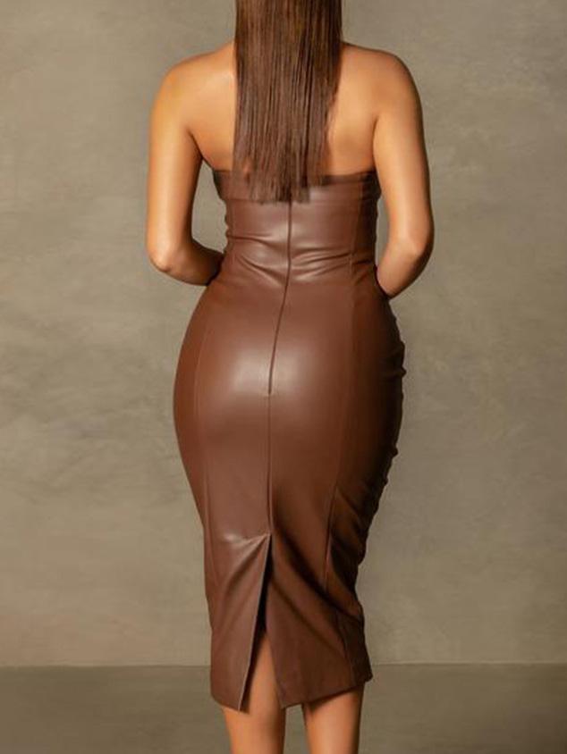 Women's Dresses Tube Top Slim Back Split PU Leather Dress - Midi Dresses - INS | Online Fashion Free Shipping Clothing, Dresses, Tops, Shoes - 30/11/2021 - color-black - color-brown