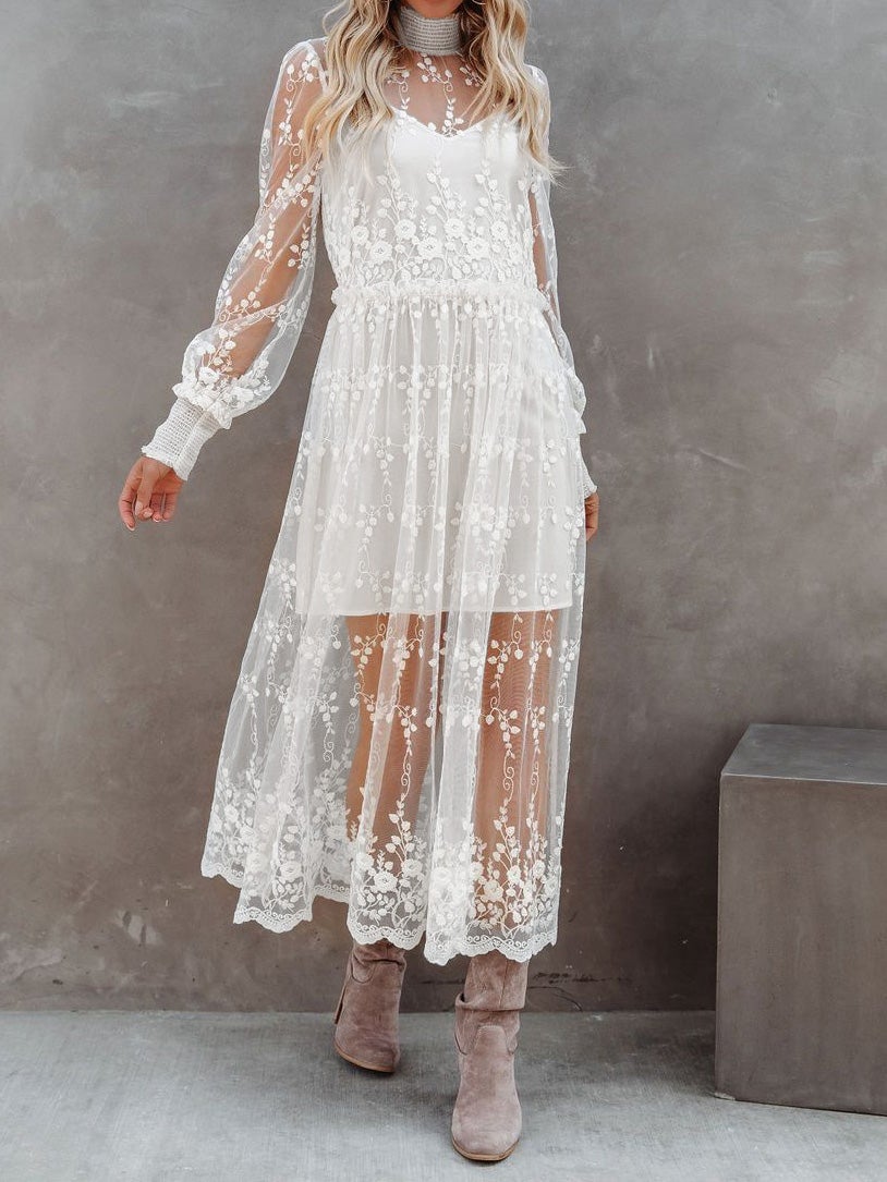 Women's Dresses Turtleneck Embroidered Lace Mesh Dress - Maxi Dresses - Instastyled | Online Fashion Free Shipping Clothing, Dresses, Tops, Shoes - 14/1/2022 - 40-50 - color-white