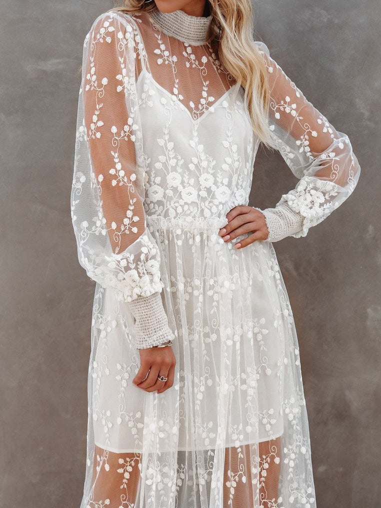Women's Dresses Turtleneck Embroidered Lace Mesh Dress - Maxi Dresses - Instastyled | Online Fashion Free Shipping Clothing, Dresses, Tops, Shoes - 14/1/2022 - 40-50 - color-white