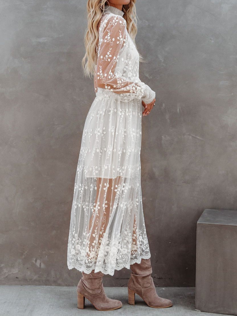 Women's Dresses Turtleneck Embroidered Lace Mesh Dress - Maxi Dresses - Instastyled | Online Fashion Free Shipping Clothing, Dresses, Tops, Shoes - 14/1/2022 - 40-50 - color-white