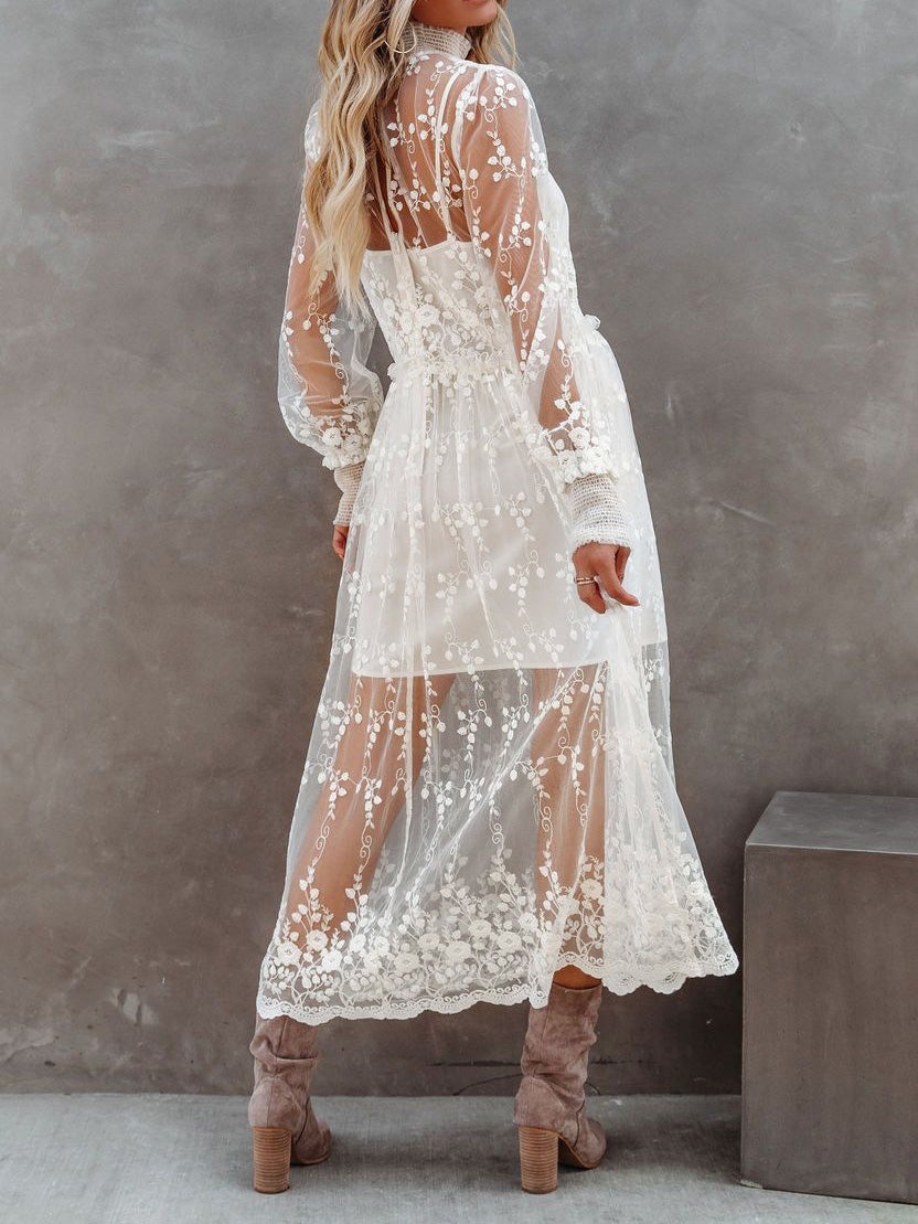 Women's Dresses Turtleneck Embroidered Lace Mesh Dress - Maxi Dresses - Instastyled | Online Fashion Free Shipping Clothing, Dresses, Tops, Shoes - 14/1/2022 - 40-50 - color-white