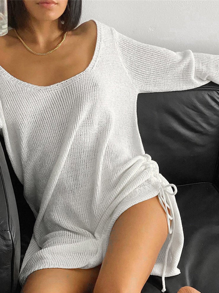 Women's Dresses U-Neck Bare Back Drawstring Long Sleeve Dress - Mini Dresses - Instastyled | Online Fashion Free Shipping Clothing, Dresses, Tops, Shoes - 20-30 - 22/01/2022 - color-black