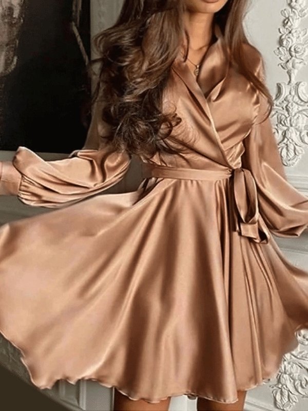 Women's Dresses V-Neck A-Line Lantern Long Sleeve Belt Dress - Mini Dresses - INS | Online Fashion Free Shipping Clothing, Dresses, Tops, Shoes - 03/09/2021 - 30-40 - Category_Mini Dresses