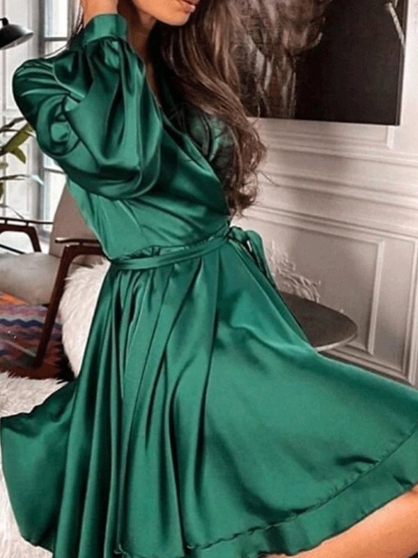 Women's Dresses V-Neck A-Line Lantern Long Sleeve Belt Dress - Mini Dresses - INS | Online Fashion Free Shipping Clothing, Dresses, Tops, Shoes - 03/09/2021 - 30-40 - Category_Mini Dresses