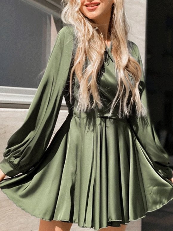 Women's Dresses V-Neck A-Line Lantern Long Sleeve Belt Dress - Mini Dresses - INS | Online Fashion Free Shipping Clothing, Dresses, Tops, Shoes - 03/09/2021 - 30-40 - Category_Mini Dresses