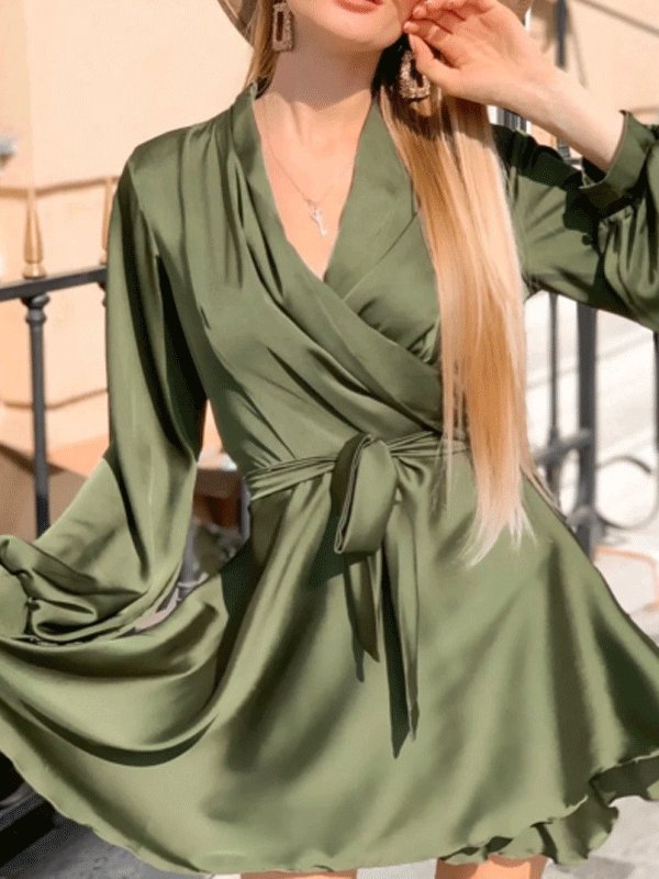 Women's Dresses V-Neck A-Line Lantern Long Sleeve Belt Dress - Mini Dresses - INS | Online Fashion Free Shipping Clothing, Dresses, Tops, Shoes - 03/09/2021 - 30-40 - Category_Mini Dresses