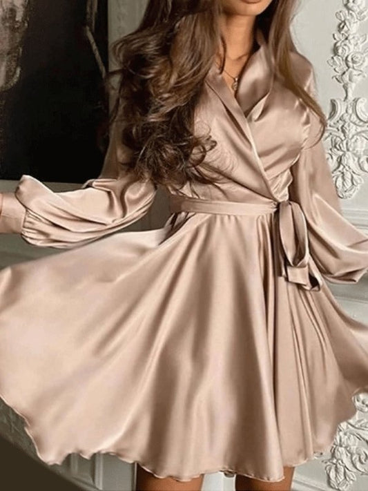 Women's Dresses V-Neck A-Line Lantern Long Sleeve Belt Dress - Mini Dresses - INS | Online Fashion Free Shipping Clothing, Dresses, Tops, Shoes - 03/09/2021 - 30-40 - Category_Mini Dresses