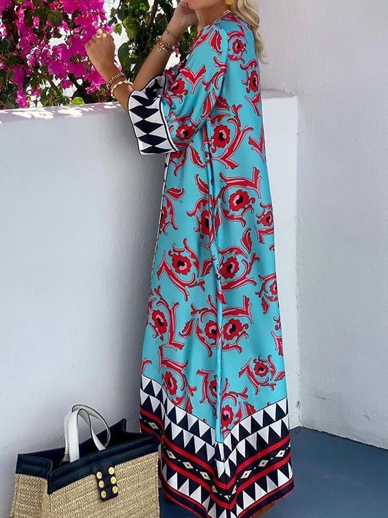Women's Dresses V-Neck Boho Print Mid-Sleeve Resort Dress - Mini Dresses - Instastyled | Online Fashion Free Shipping Clothing, Dresses, Tops, Shoes - 15/02/2022 - 40-50 - color-blue