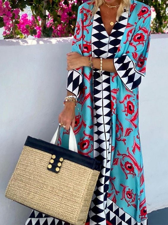 Women's Dresses V-Neck Boho Print Mid-Sleeve Resort Dress - Mini Dresses - Instastyled | Online Fashion Free Shipping Clothing, Dresses, Tops, Shoes - 15/02/2022 - 40-50 - color-blue