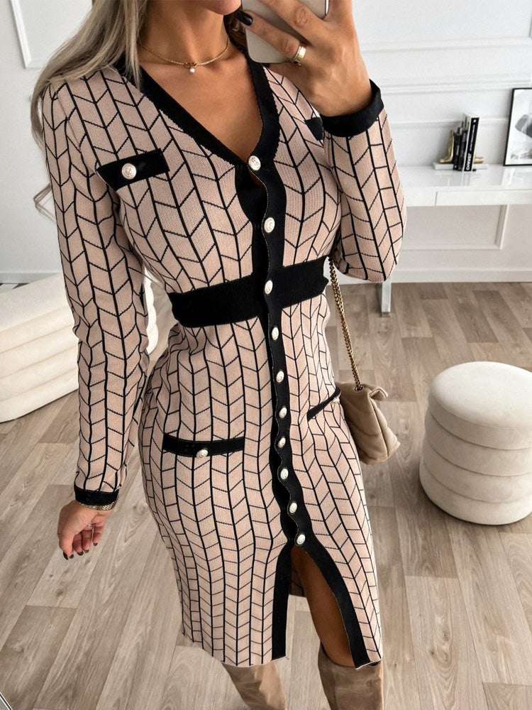 Women's Dresses V-Neck Button Long Sleeve Slim Fit Dress - Midi Dresses - Instastyled | Online Fashion Free Shipping Clothing, Dresses, Tops, Shoes - 18/01/2022 - color-khaki - Color_Khaki