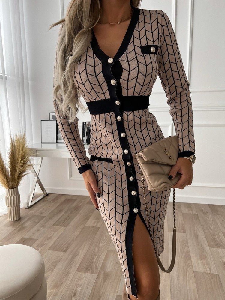 Women's Dresses V-Neck Button Long Sleeve Slim Fit Dress - Midi Dresses - Instastyled | Online Fashion Free Shipping Clothing, Dresses, Tops, Shoes - 18/01/2022 - color-khaki - Color_Khaki
