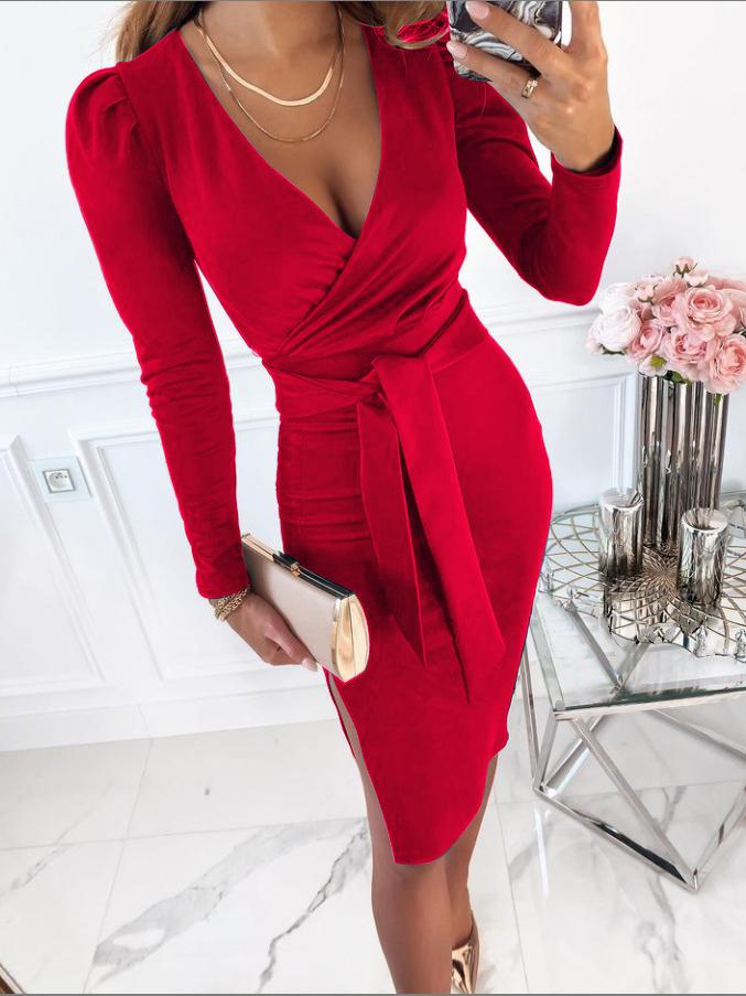 Women's Dresses V-Neck Commuter Tie Long Sleeve Slit Dress - Midi Dresses - INS | Online Fashion Free Shipping Clothing, Dresses, Tops, Shoes - 20-30 - 22/10/2021 - color-black