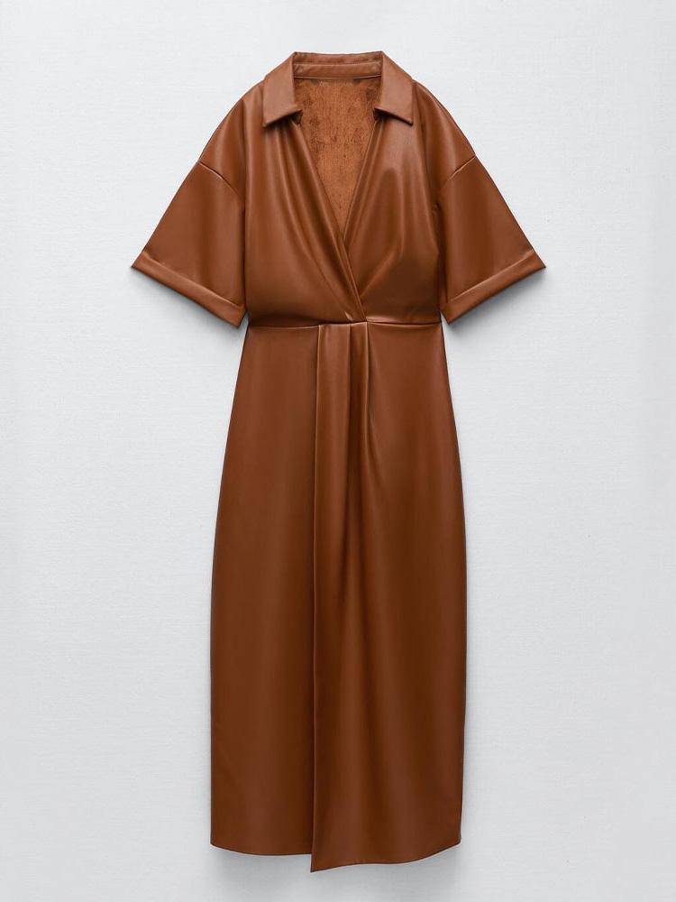 Women's Dresses V-Neck Faux Leather Split Midi Dress - Midi Dresses - INS | Online Fashion Free Shipping Clothing, Dresses, Tops, Shoes - 30/11/2021 - color-brown - Color_Brown