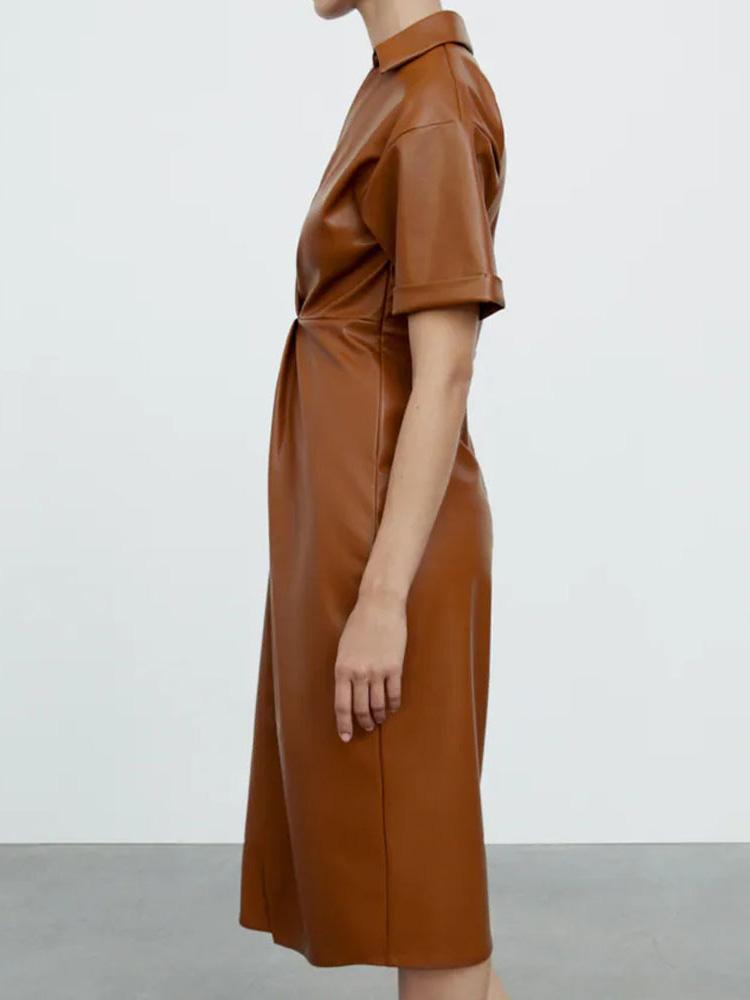 Women's Dresses V-Neck Faux Leather Split Midi Dress - Midi Dresses - INS | Online Fashion Free Shipping Clothing, Dresses, Tops, Shoes - 30/11/2021 - color-brown - Color_Brown